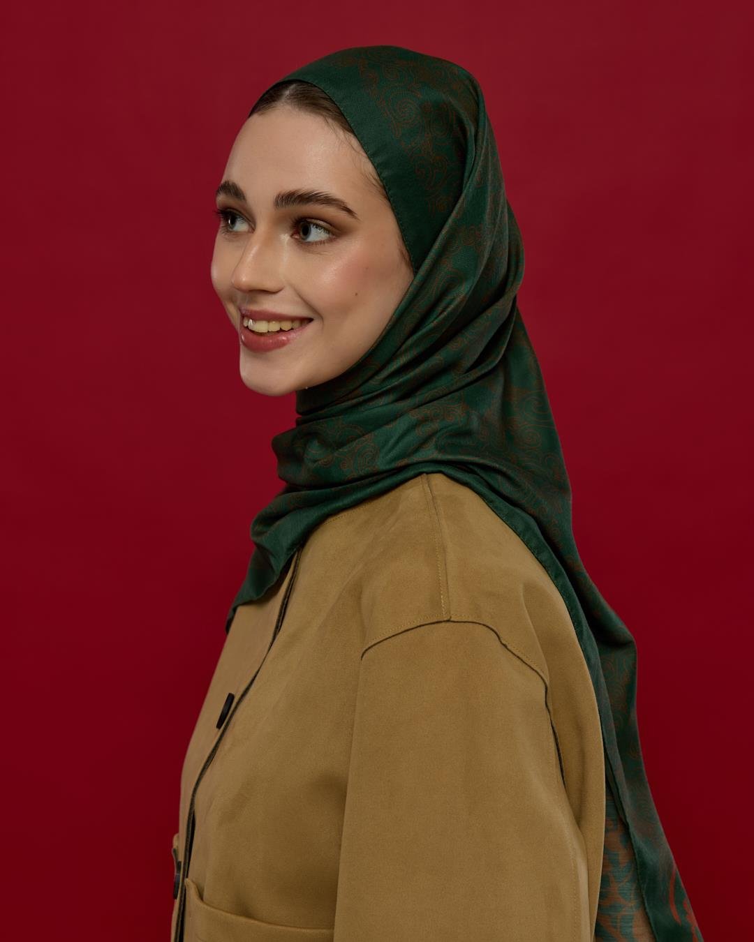 Koyu Yeşil & Kızıl Bakır Saraylı Desen Şal