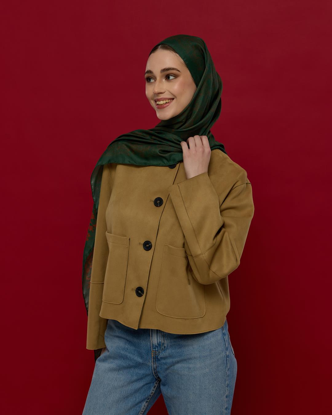 Koyu Yeşil & Kızıl Bakır Saraylı Desen Şal