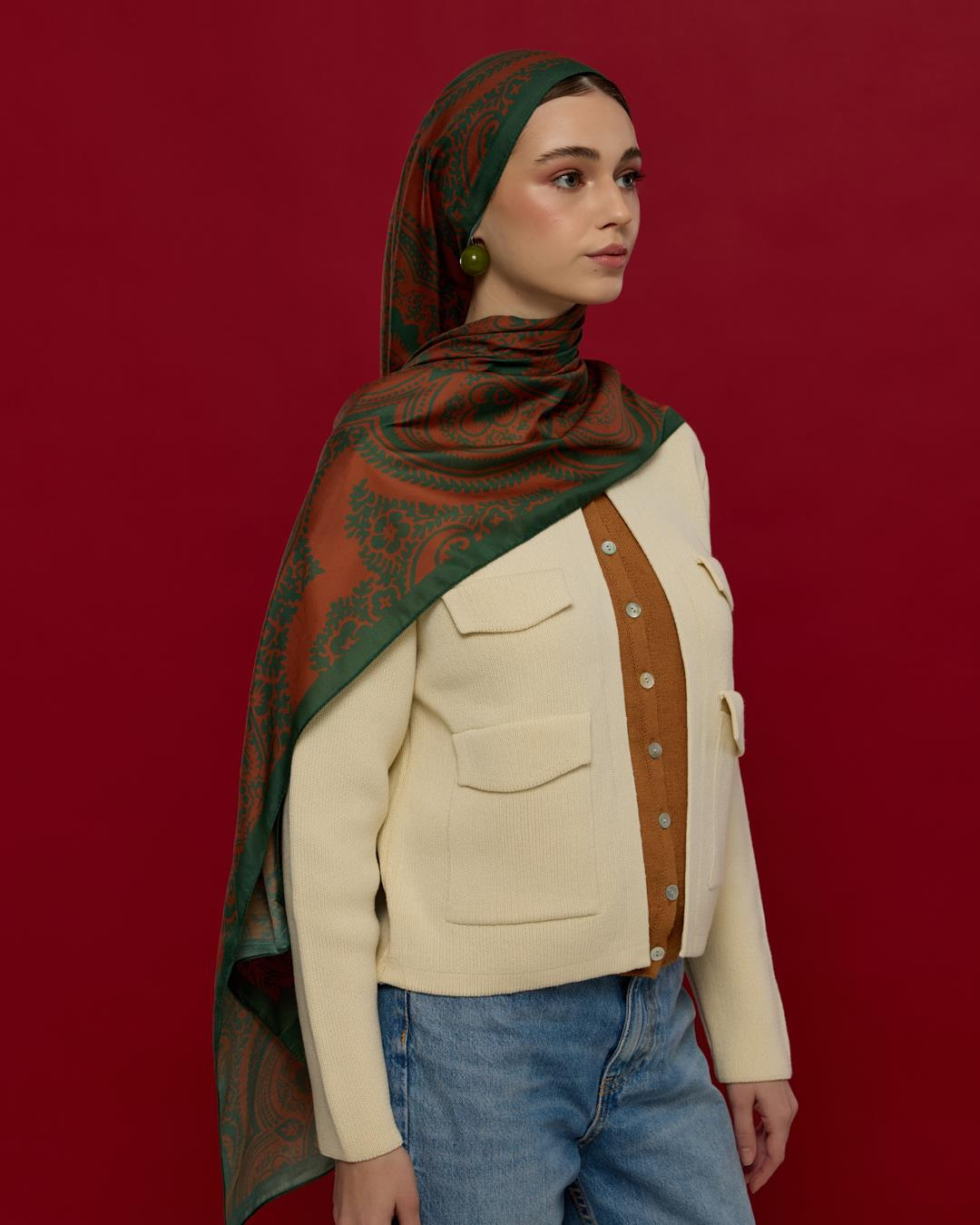 Koyu Yeşil & Kızıl Bakır Sultani Desen Şal