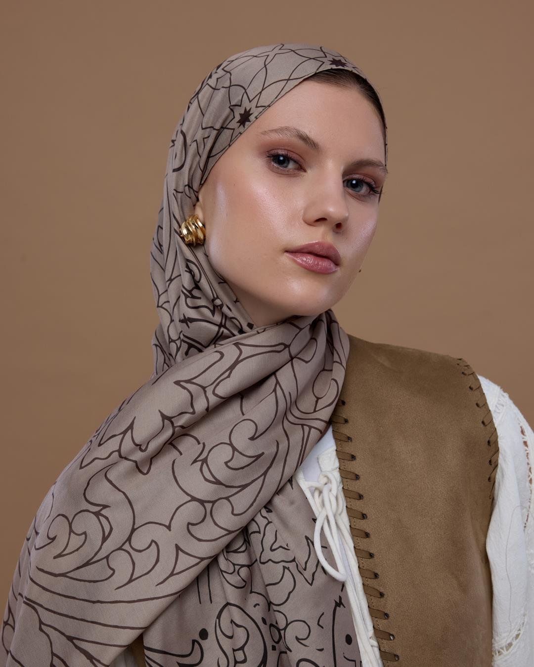 Krem Tarçını & Kakao Efsunlu Desen Şal