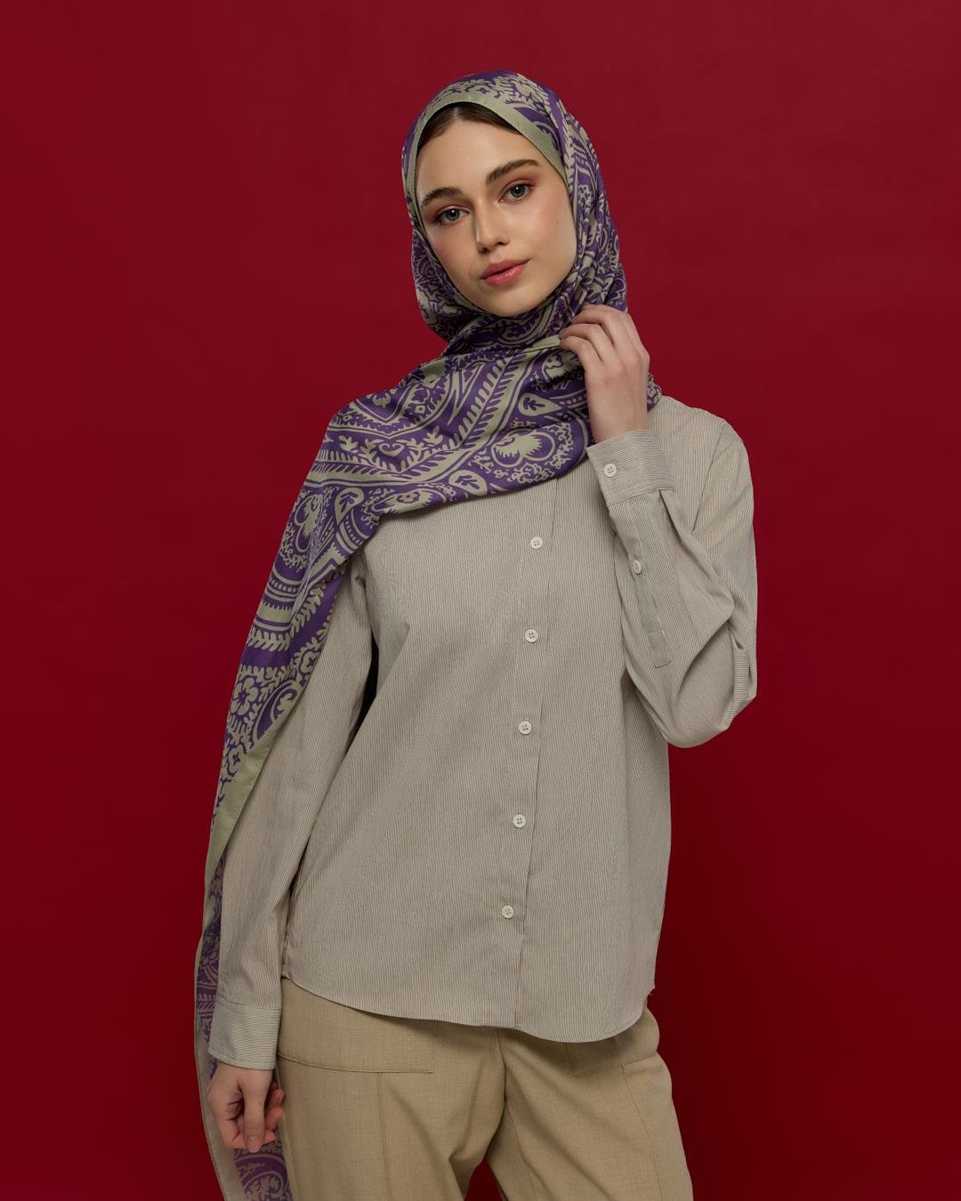 Krem Zencefil & Menekşe Sultani Desen Şal