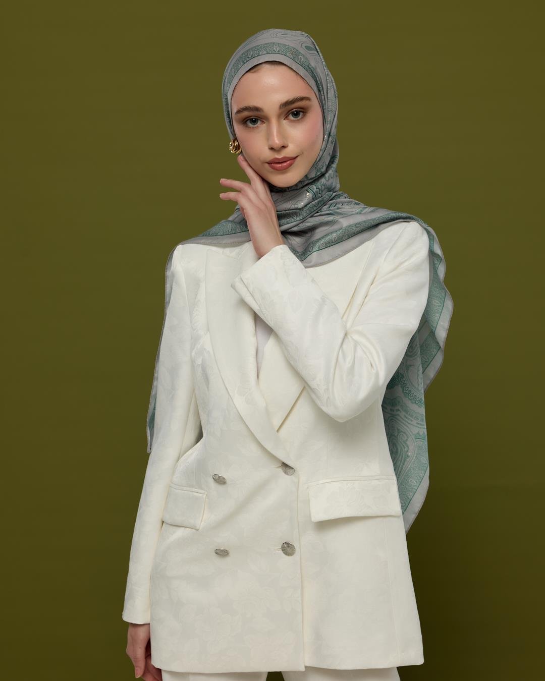 Krem & Zümrüt Hürrem Desen Işıltılı Şal