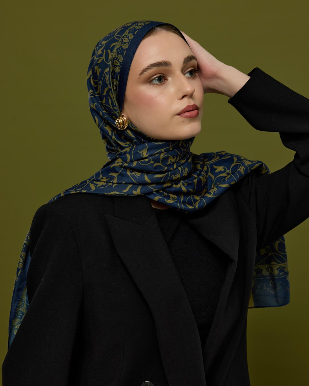 Lacivert & Altın Lale Bahçesi Desen Şal
