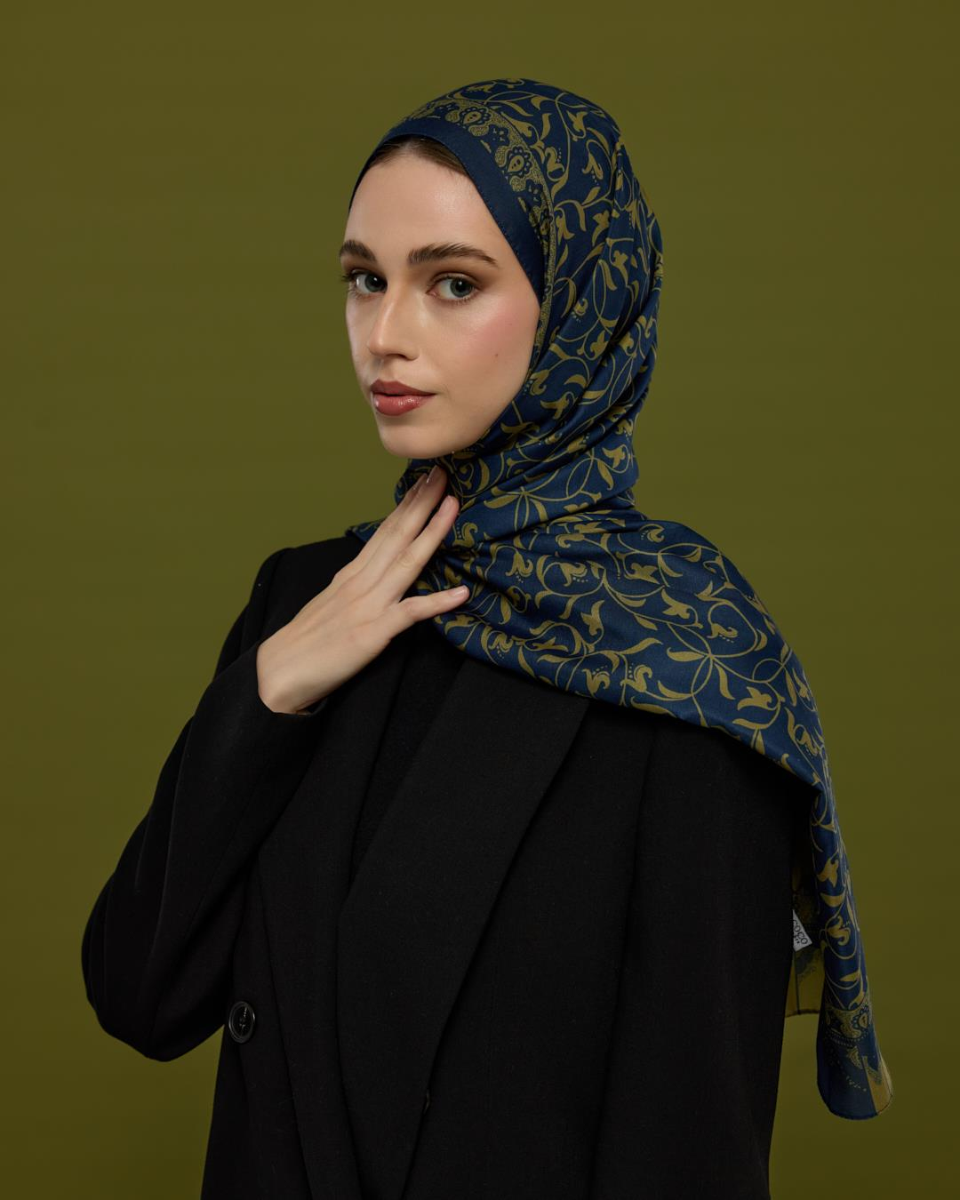 Lacivert & Altın Lale Bahçesi Desen Şal