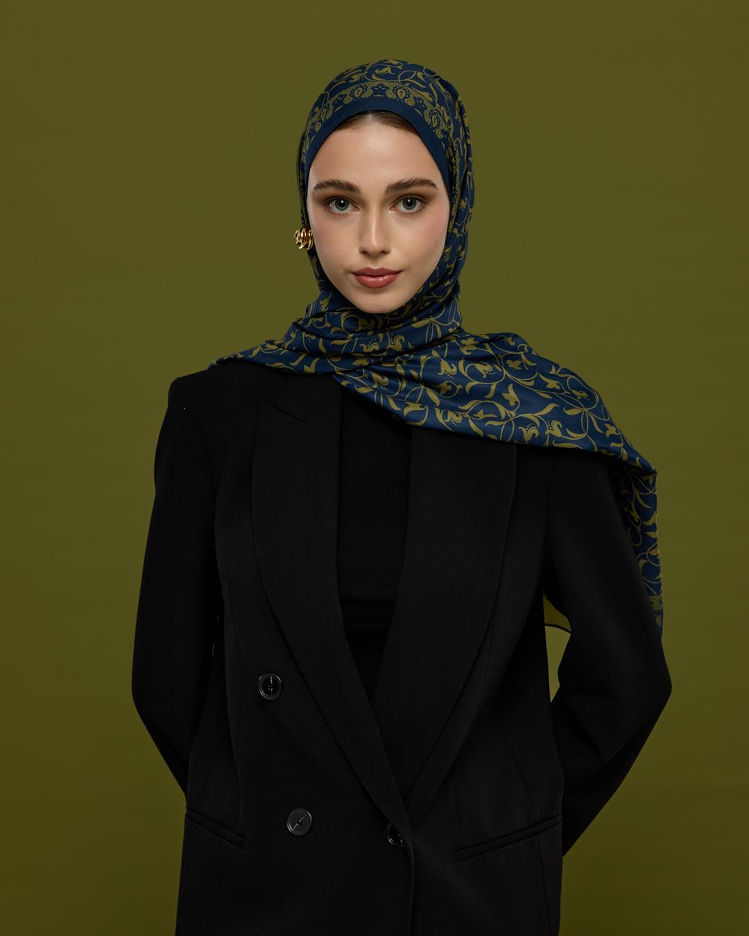 Lacivert & Altın Lale Bahçesi Desen Şal