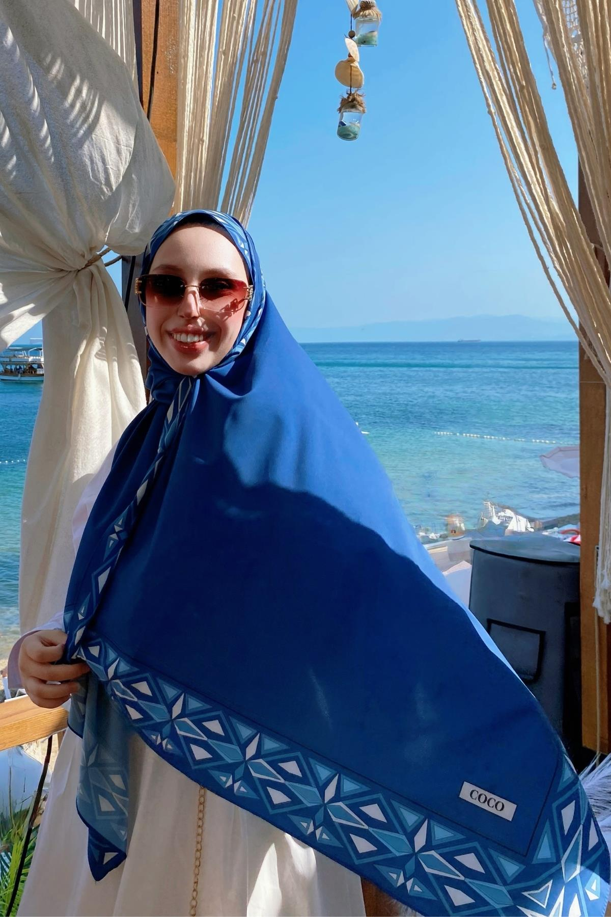Mavi Venedik Desen Pamuk Vual Şal