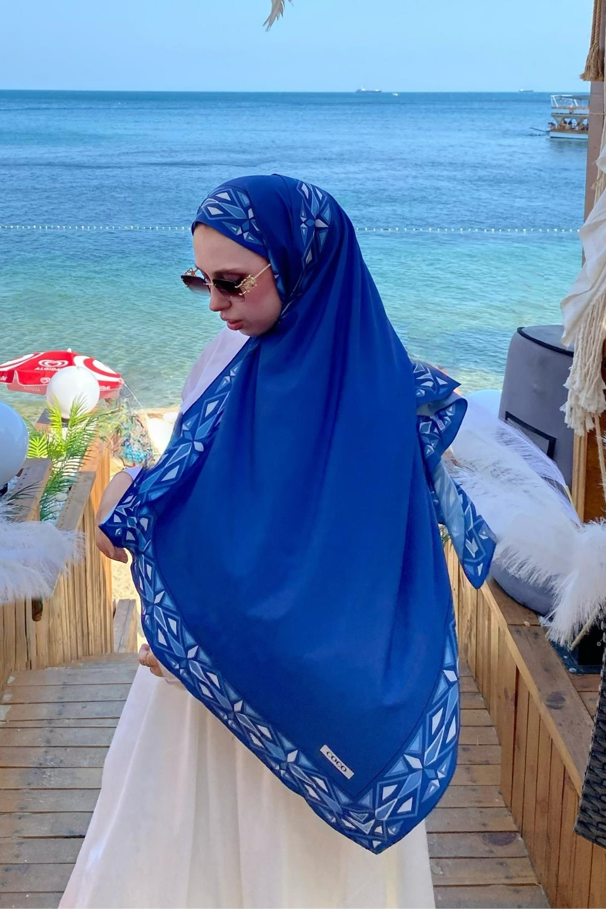 Mavi Venedik Desen Pamuk Vual Şal