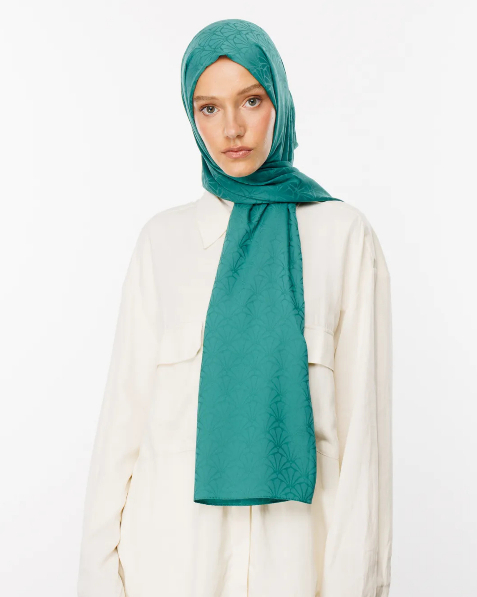 Mint Yeşili Lotus Desen İpeksi Jakar Şal