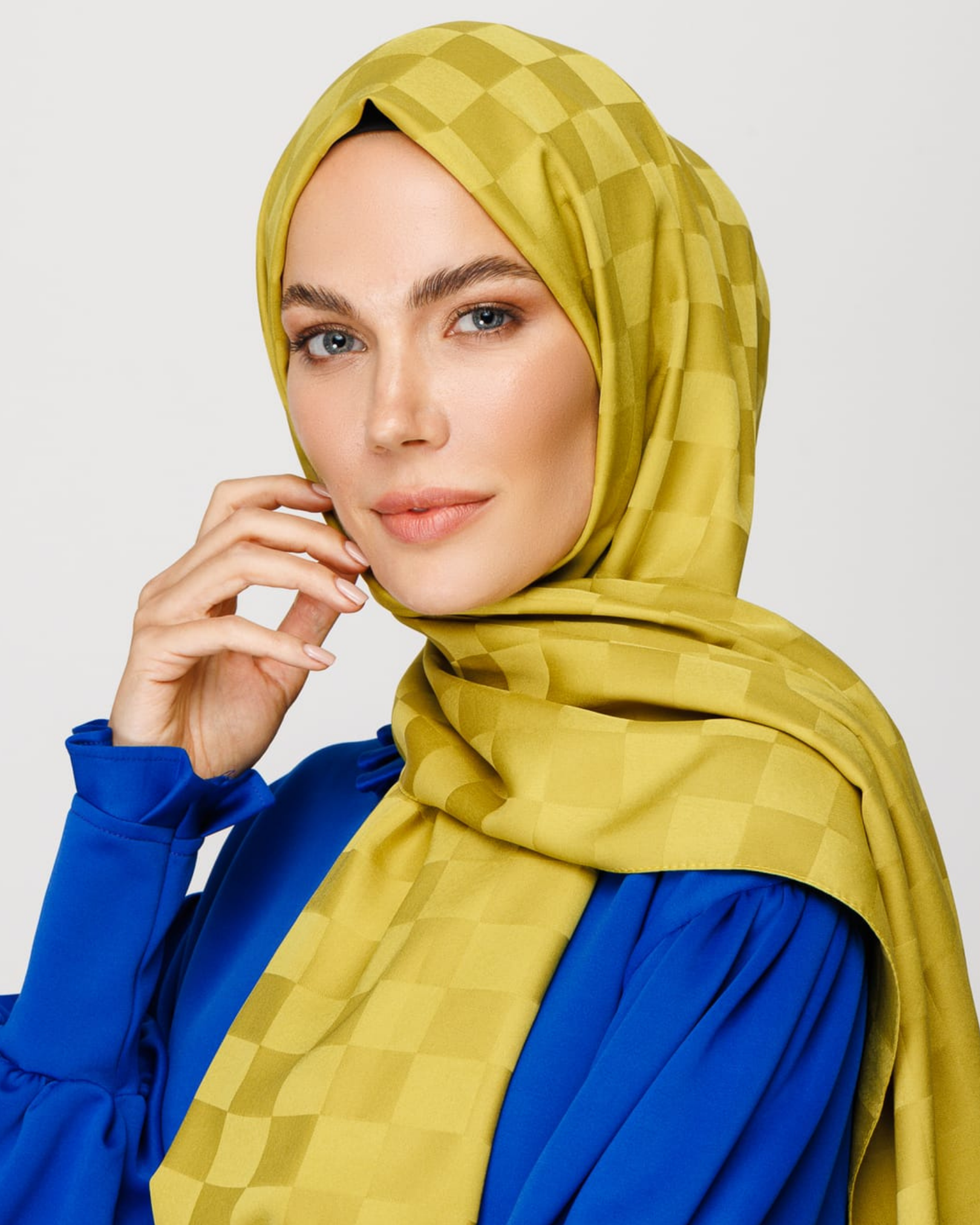 Oliv Yeşili Dama Desen İpeksi Jakar Şal