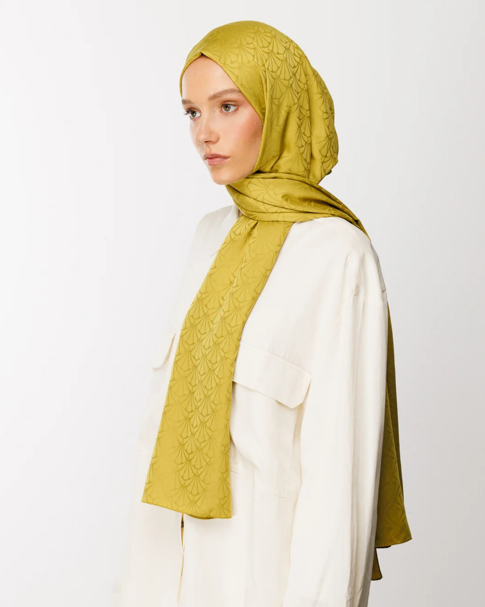 Oliv Yeşili Lotus Desen İpeksi Jakar Şal