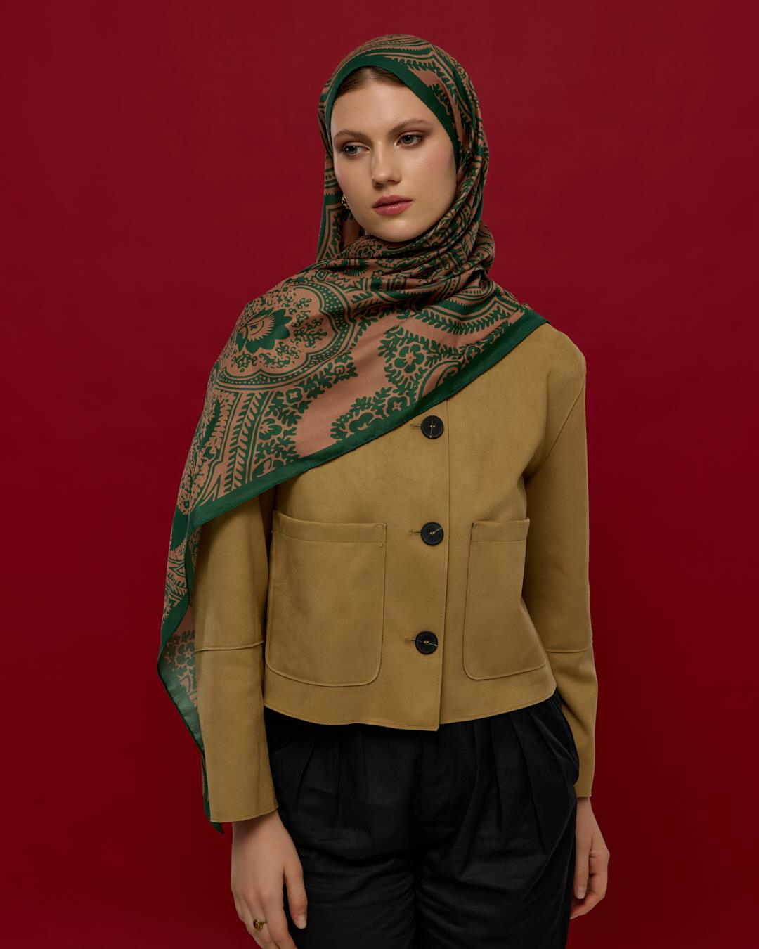 Orman Yeşili & Bronz Şafak Sultani Desen Şal