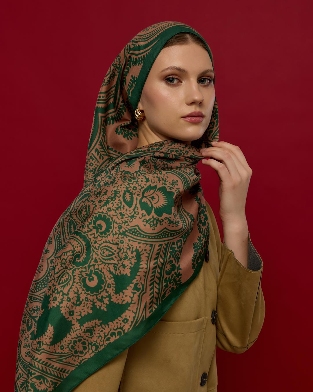Orman Yeşili & Bronz Şafak Sultani Desen Şal