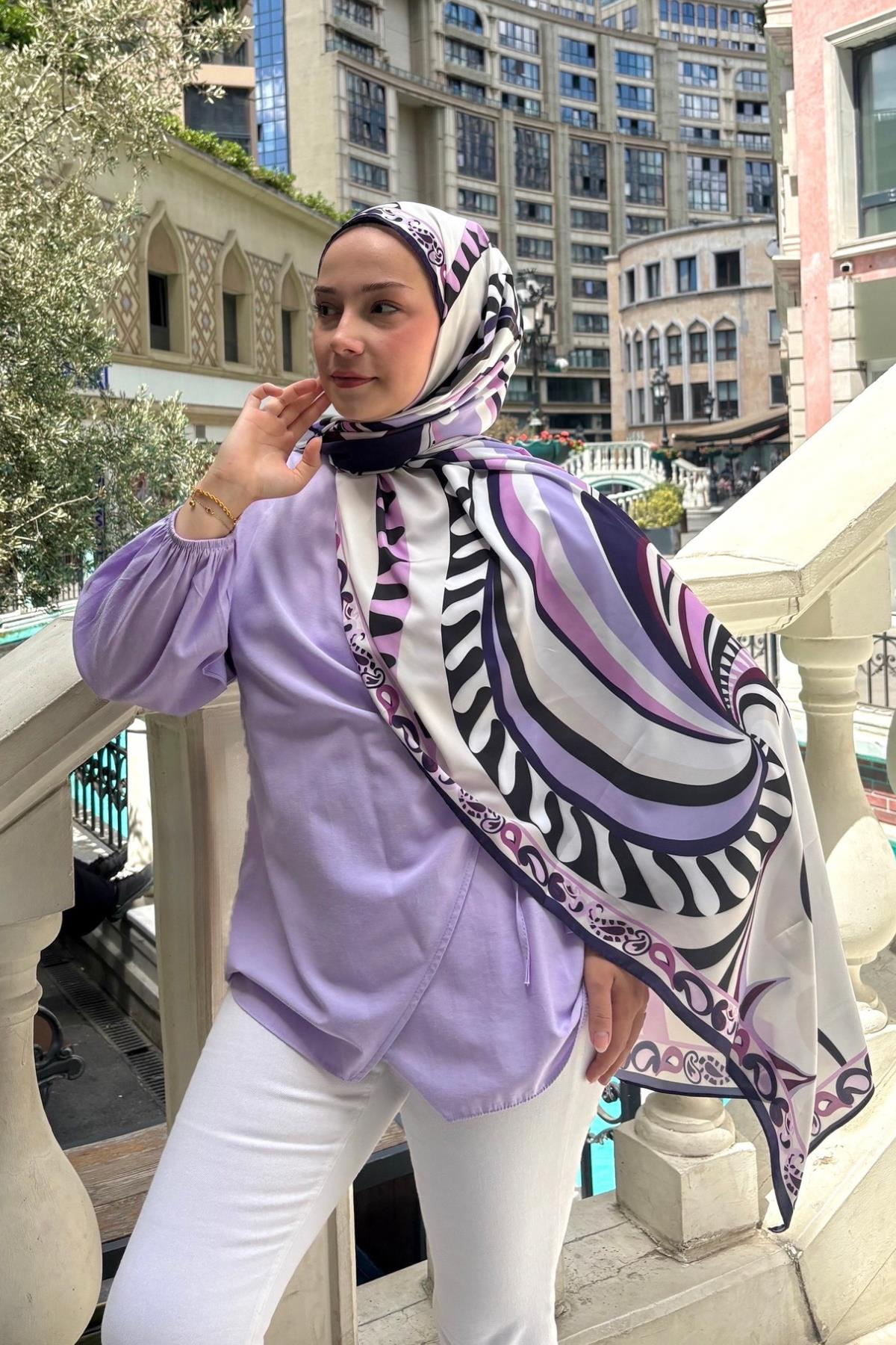 Pastel Mor Dila Desen İpek Şal