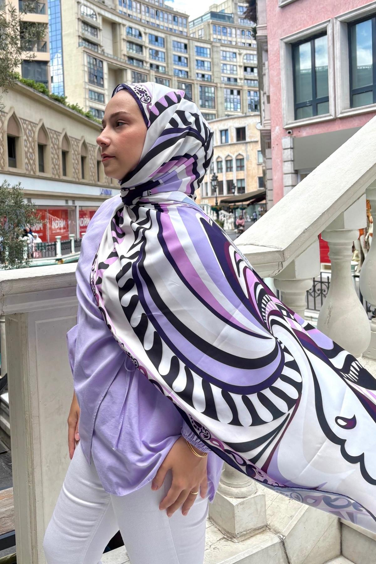 Pastel Mor Dila Desen İpek Şal