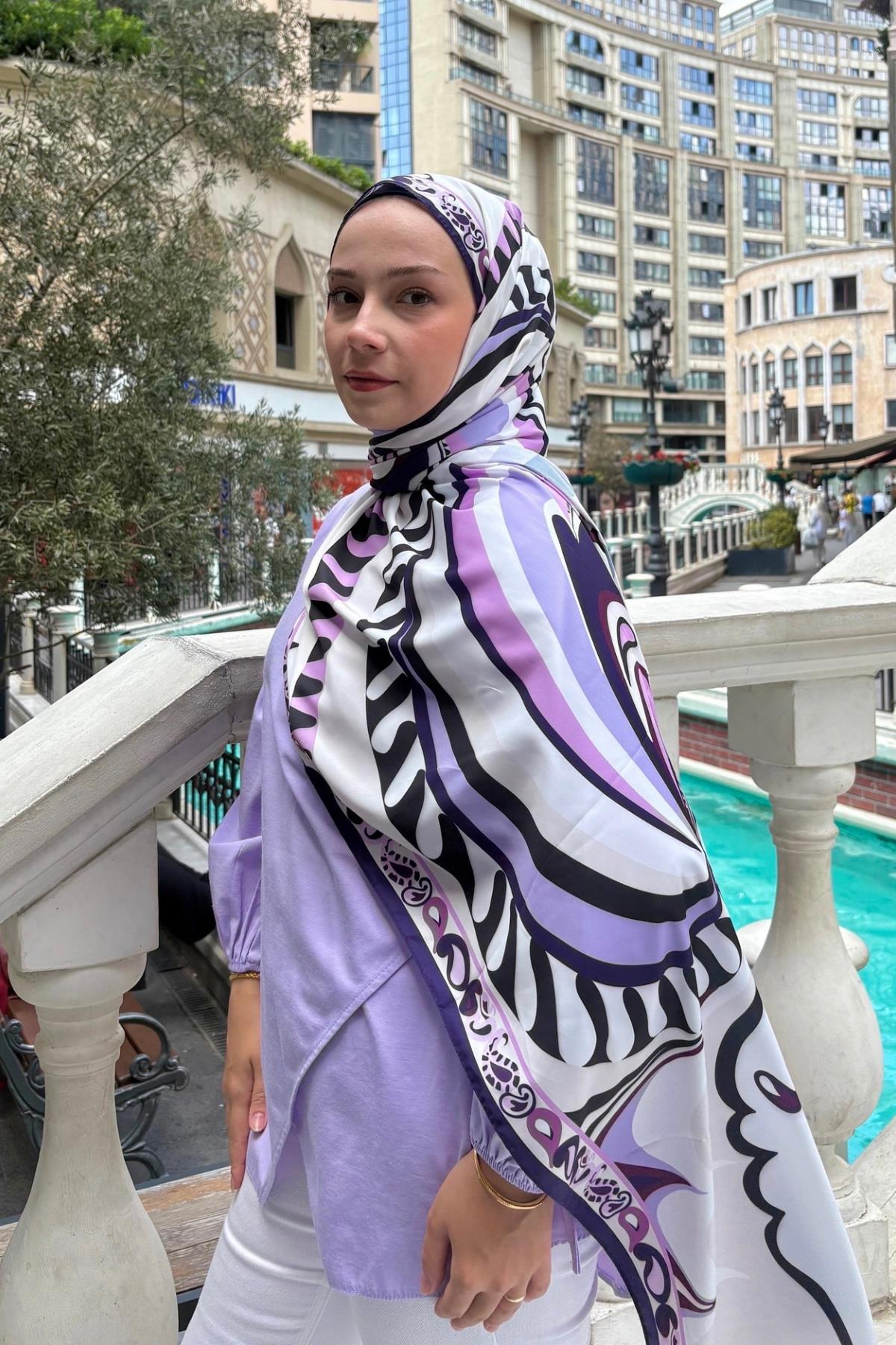 Pastel Mor Dila Desen İpek Şal