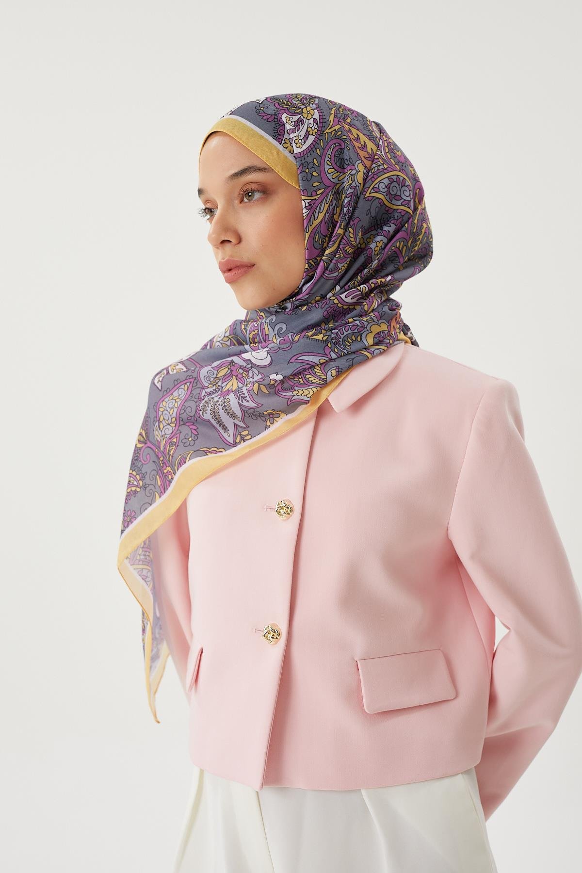 Pastel Sarı & Gri Retro Desen Şal