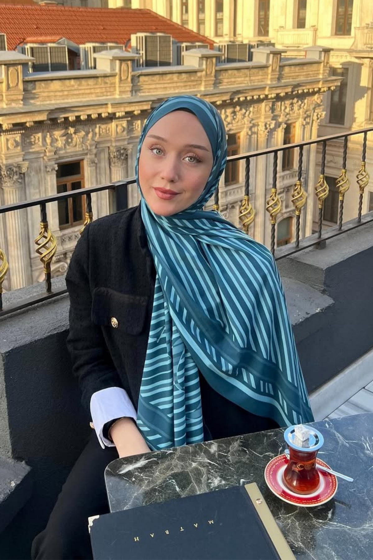 Petrol Çizgi Desen Pamuk Vual Şal