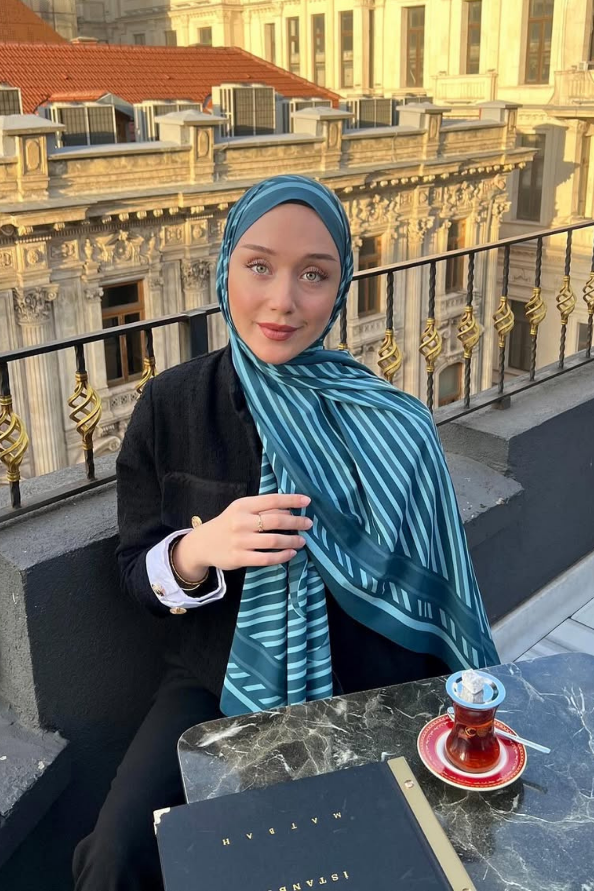 Petrol Çizgi Desen Pamuk Vual Şal