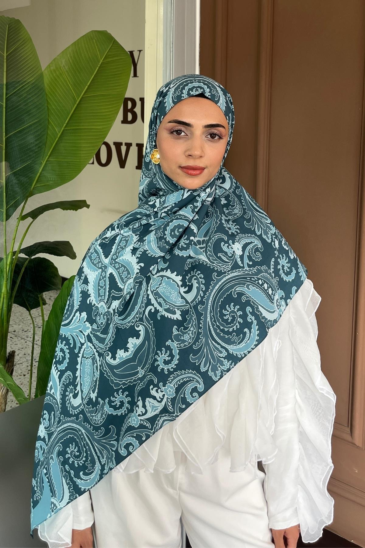 Petrol Deva Desen Pamuk Vual Şal