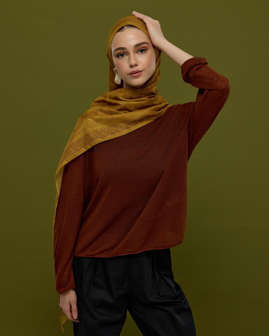 Saf Altın & Tarçın Rüzgarı Hürrem Desen Işıltılı Şal