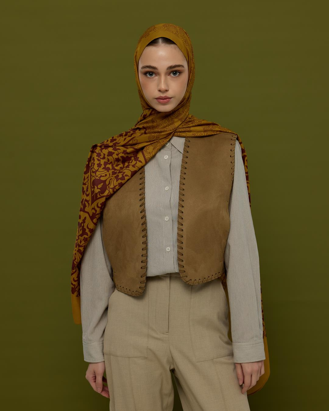 Saf Altın & Tarçın Rüzgarı Saraylı Desen Şal