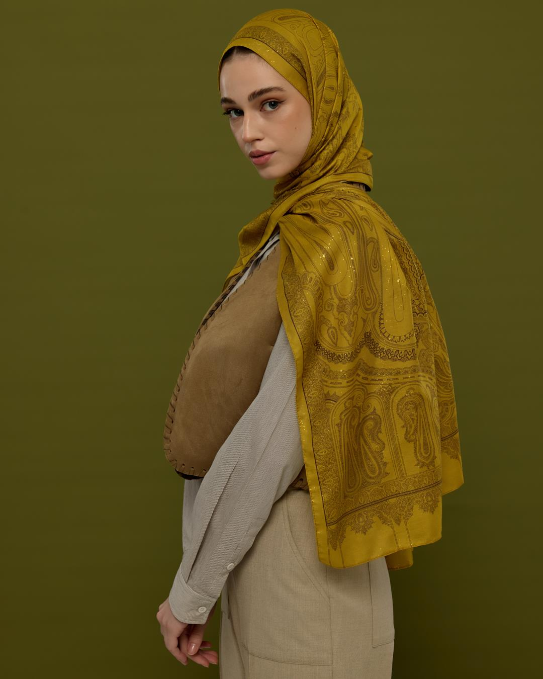 Saf Sarı & Buhur Kahvesi Hürrem Desen Işıltılı Şal