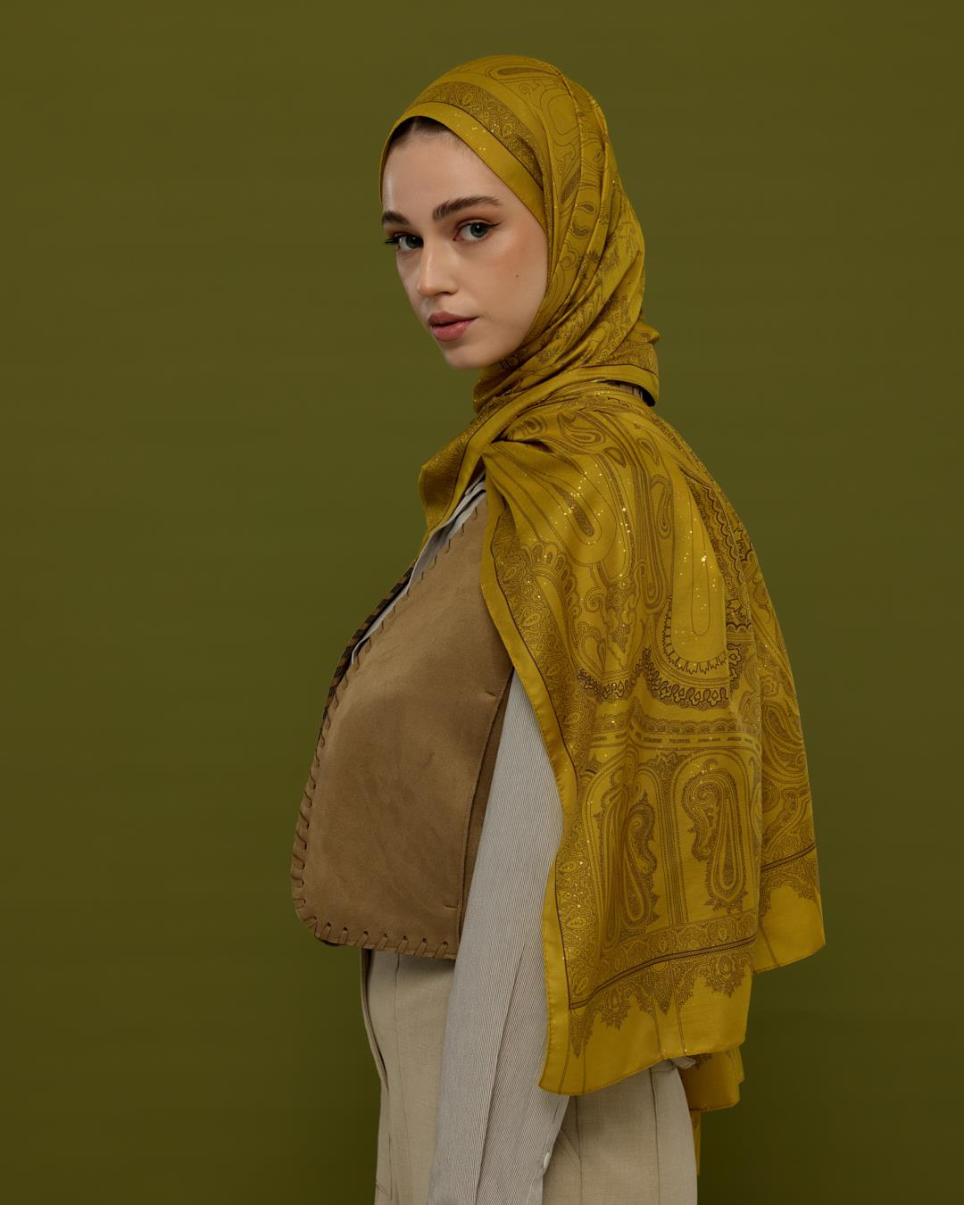 Saf Sarı & Buhur Kahvesi Hürrem Desen Işıltılı Şal