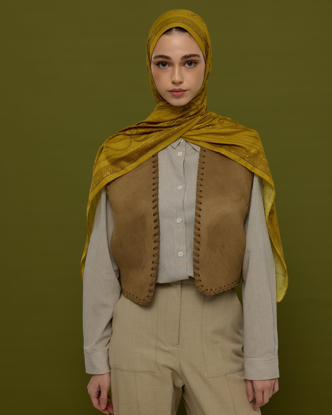 Saf Sarı & Buhur Kahvesi Hürrem Desen Işıltılı Şal