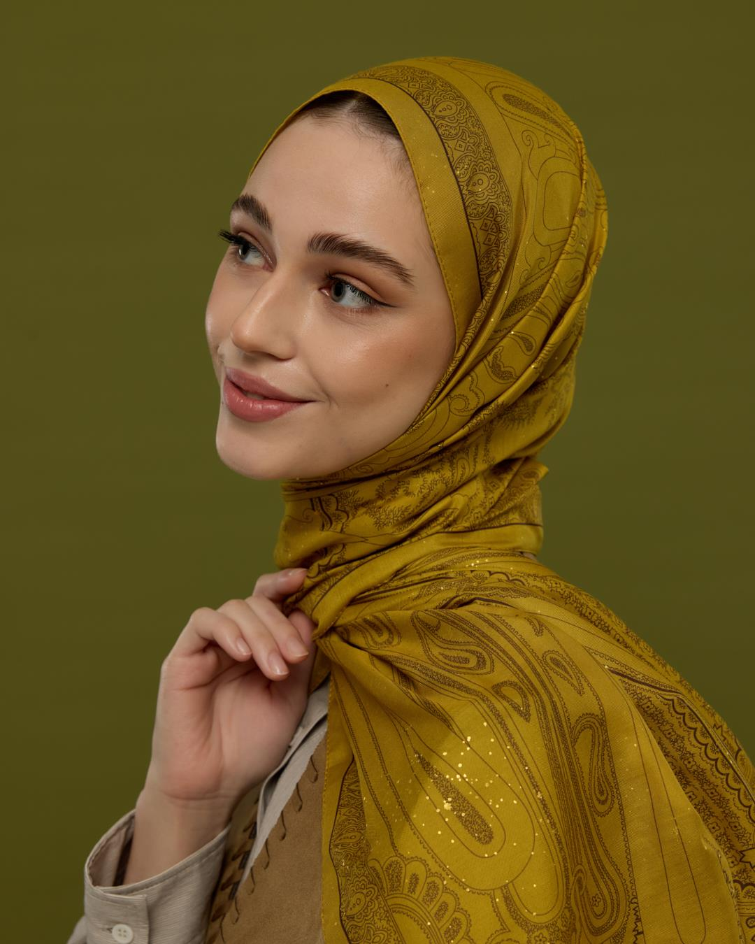 Saf Sarı & Buhur Kahvesi Hürrem Desen Işıltılı Şal