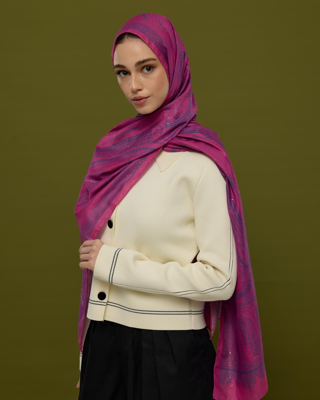 Şakayık Pembesi & Çini Mavisi Hürrem Desen Işıltılı Şal