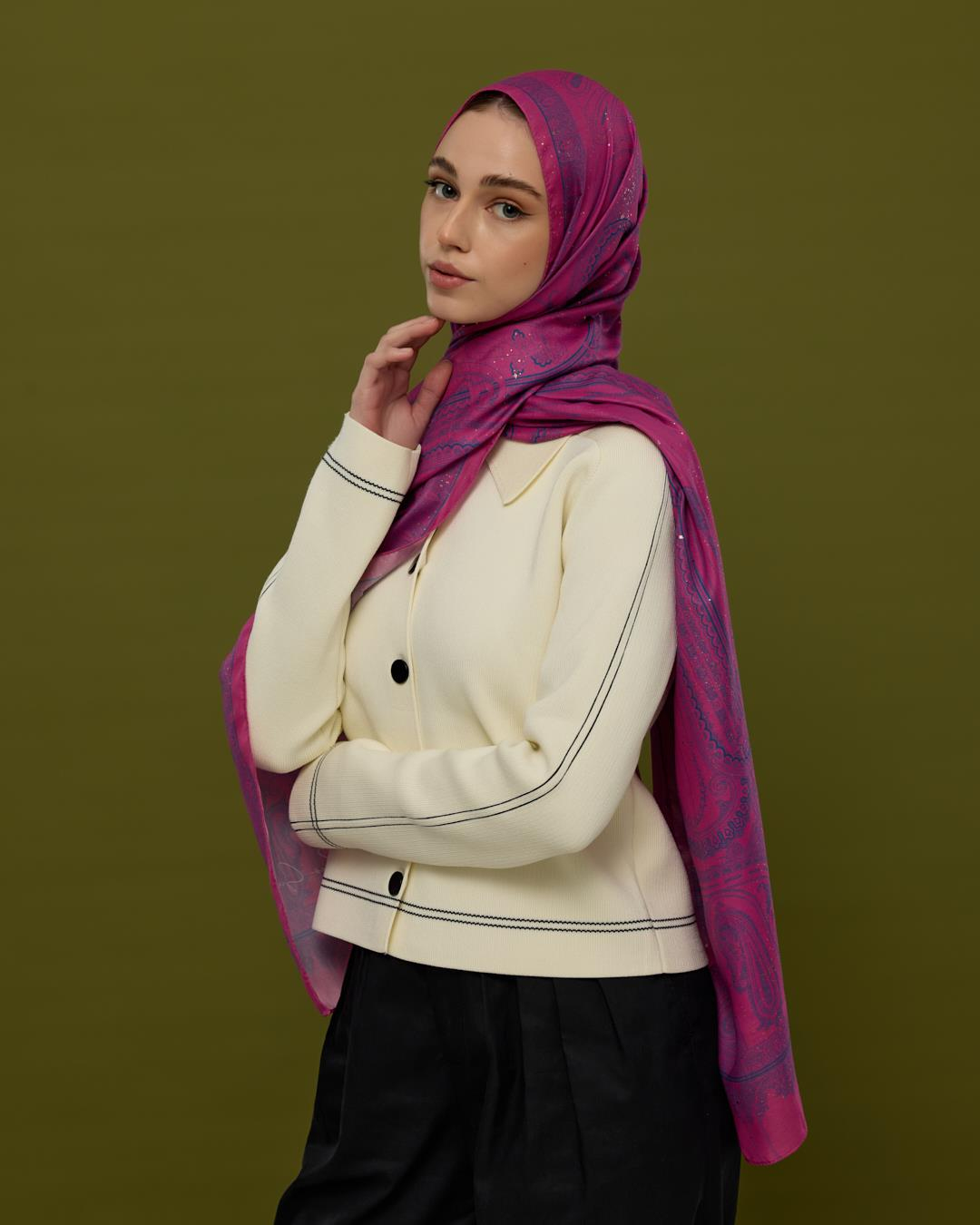 Şakayık Pembesi & Çini Mavisi Hürrem Desen Işıltılı Şal