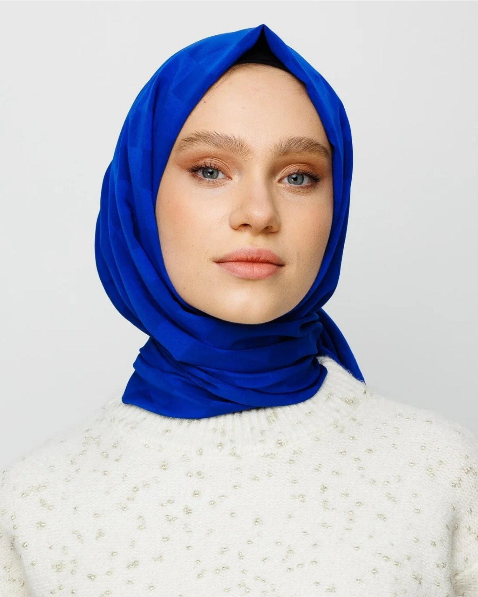 Saks Mavi Dama Desen İpeksi Jakar Şal