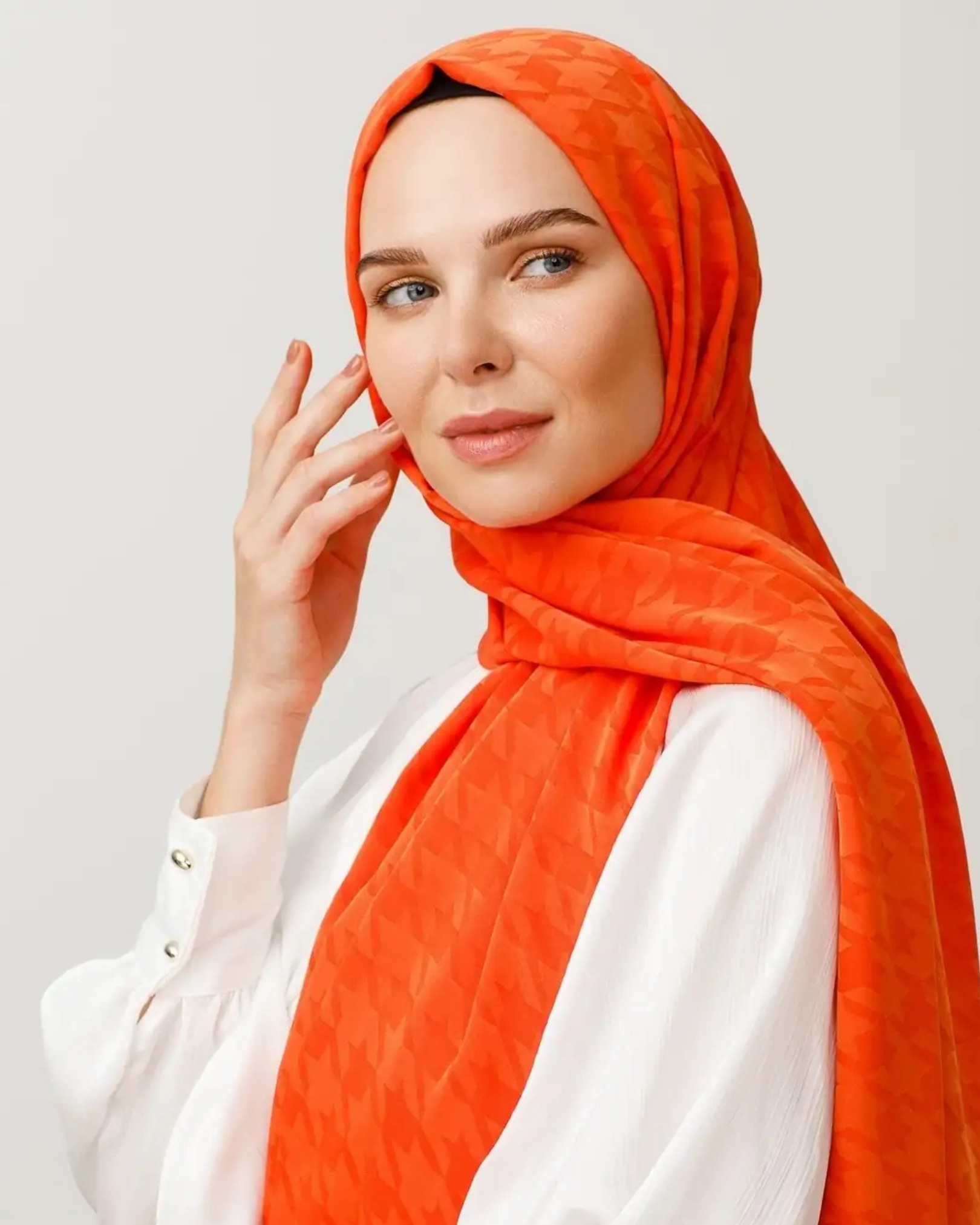 Turuncu Kazayağı Desen İpeksi Jakar Şal