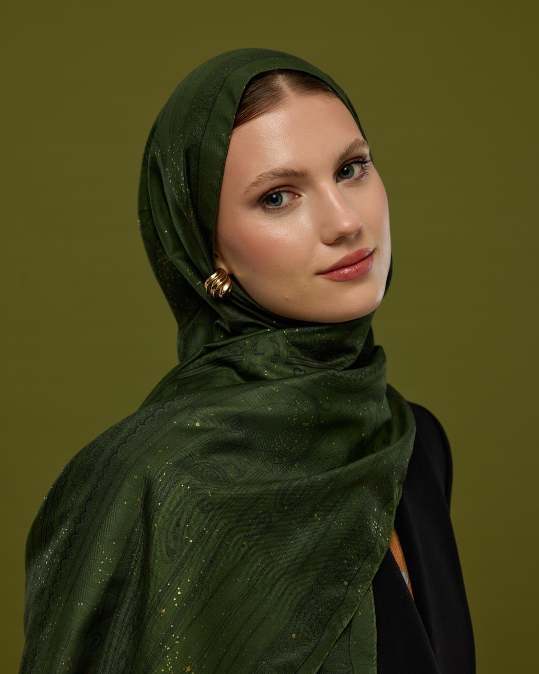 Zeytin & Siyah Hürrem Desen Işıltılı Şal