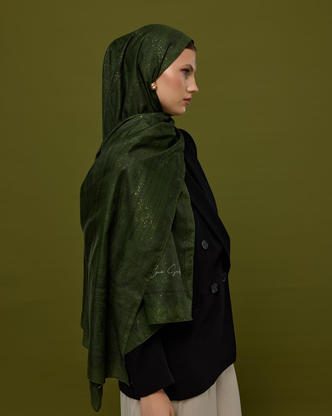 Zeytin & Siyah Hürrem Desen Işıltılı Şal