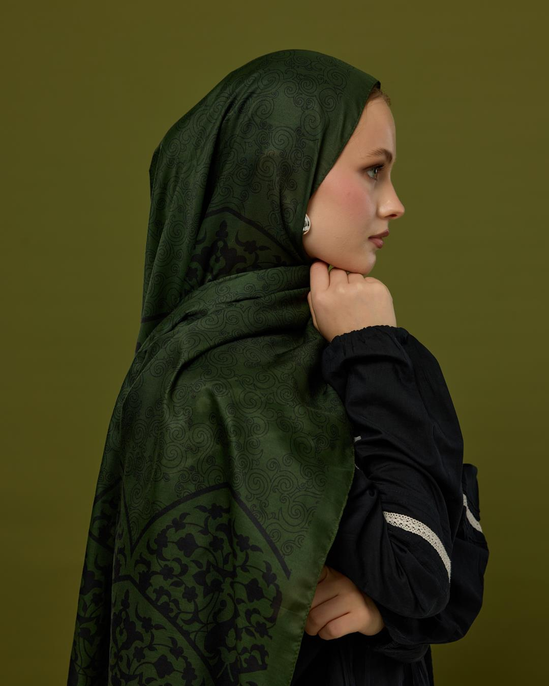 Zeytin & Siyah Saraylı Desen Şal