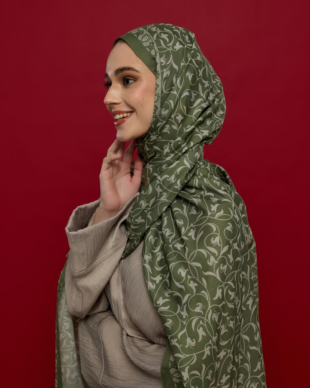 Zeytin Yeşili & Badem Kremi Lale Bahçesi Desen Şal