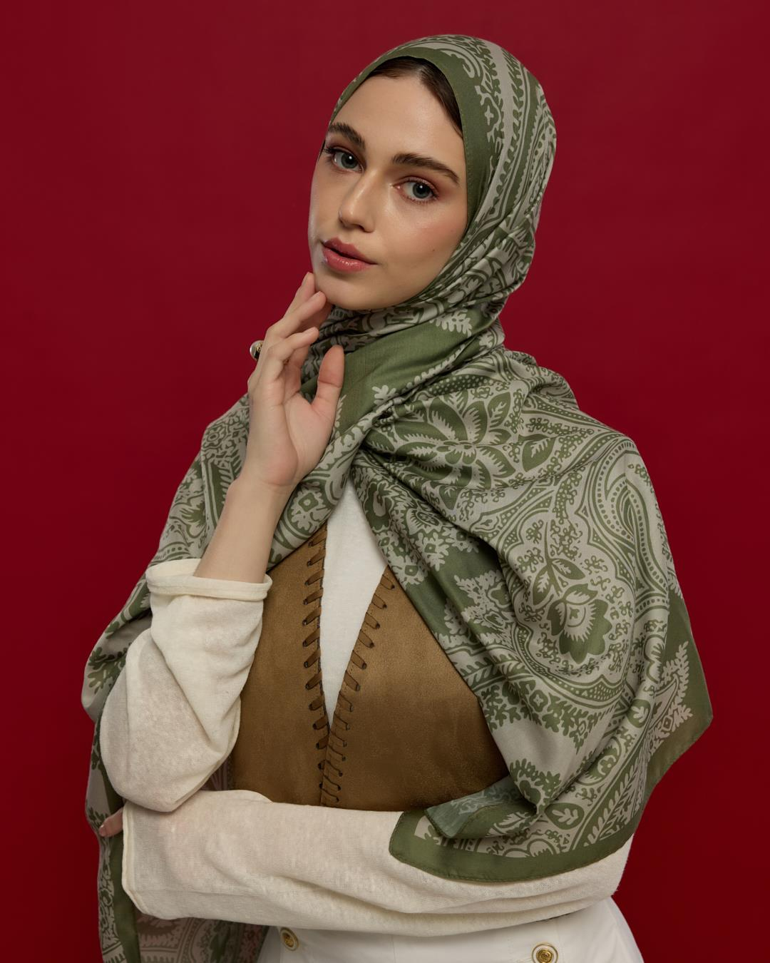 Zeytin Yeşili & Badem Kremi Sultani Desen Şal