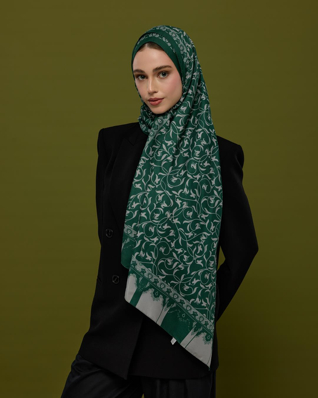 Zümrüt & Krem Lale Bahçesi Desen Şal