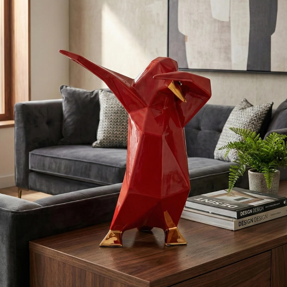 Dab Penguen Heykeli -Glossy Fire Red - White,Gold Deyatlı