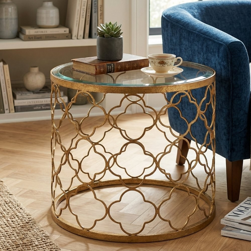 Gold Leaf Sehpa - Cam Tabla+ Gold Ayak