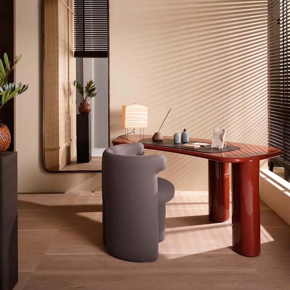 Henry Desk-Frame Glossy Lacquer Brick - Desk Pad Saddle Leather Brown 02