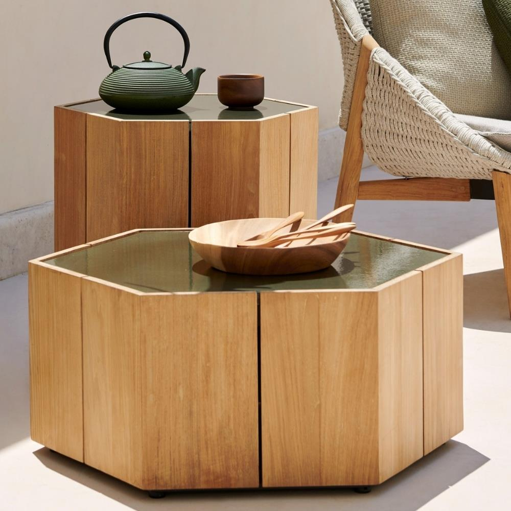 Hexagon Teak Yan Sehpa -Top Linen (L10) -50 cm