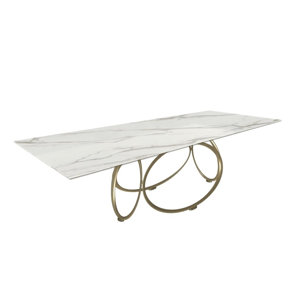 Louis Yemek Masası (300)-Frame Aged Brass (M328)-Decorative Detail Lacquered Gold (M325)-Top Calacatta Glossy (CM012)