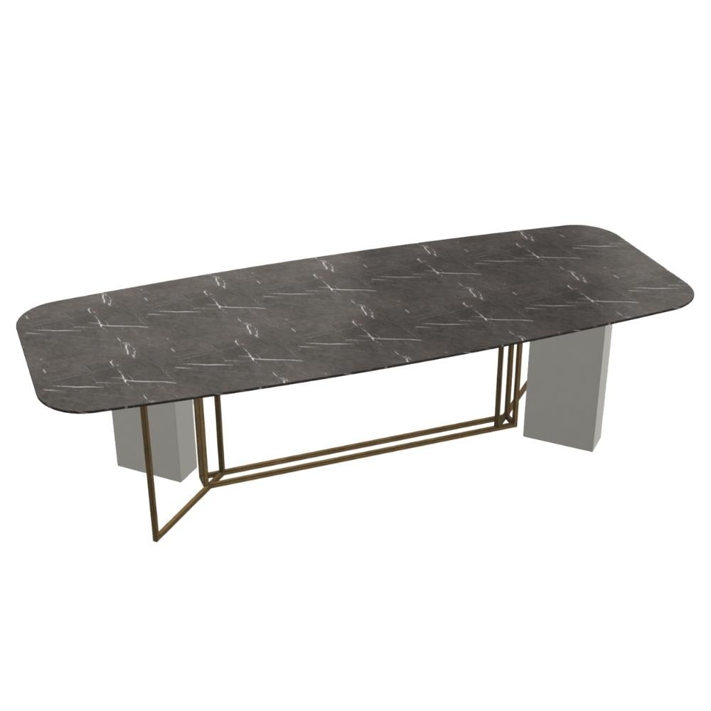 Plinto Biscuit Yemek Masası-Base (Y2W)-Bronzed Brass Basse Y Plinth 2W-Top Grey Stone Glossy Marble(110-280)