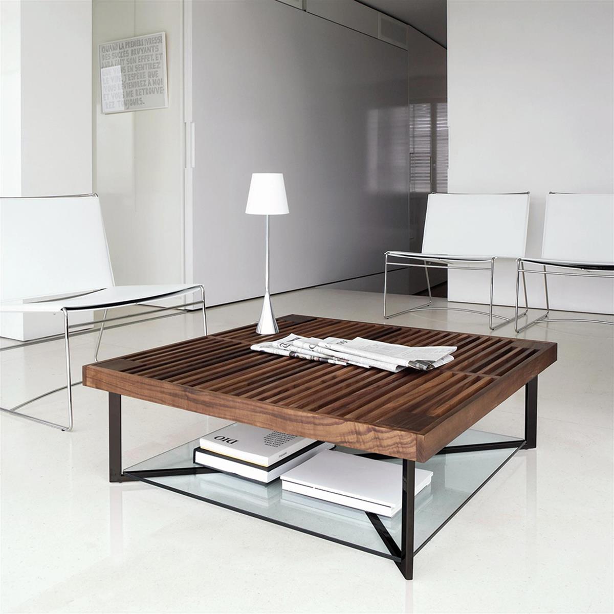 Ponton Orta Sehpa-(Çift Yüzey)-Üst Tabla Solid Walnut-Alt Tabla 10mm Thick Clear Toughened Glass-İskelet Satin Black Lacquered Steel