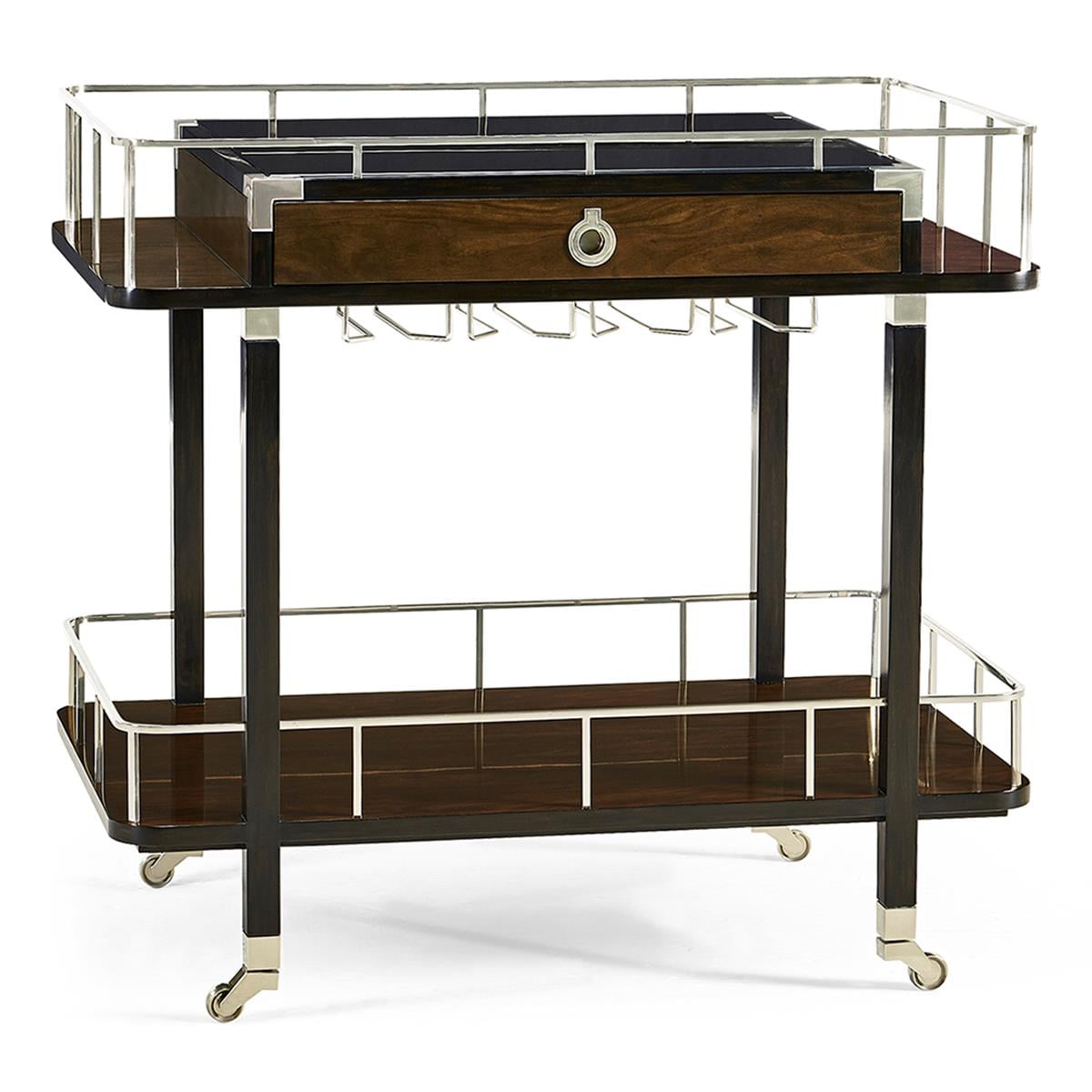 Rectangular Campaign Style Dark Santos Rosewood Rolling Bar Cart with Drawer