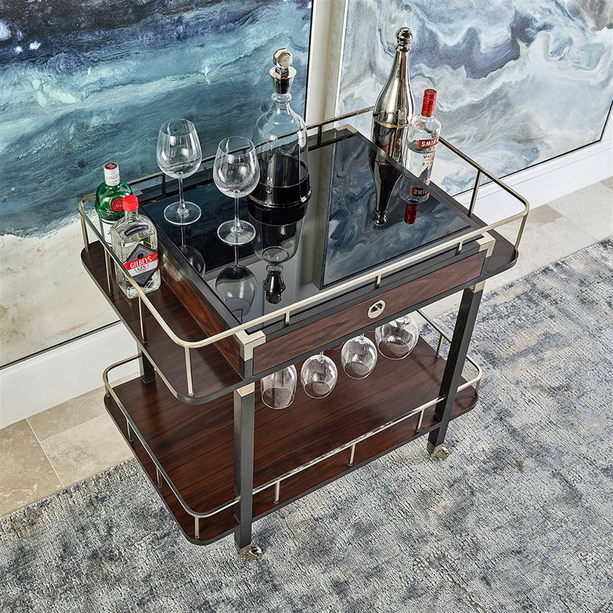 Rectangular Campaign Style Dark Santos Rosewood Rolling Bar Cart with Drawer