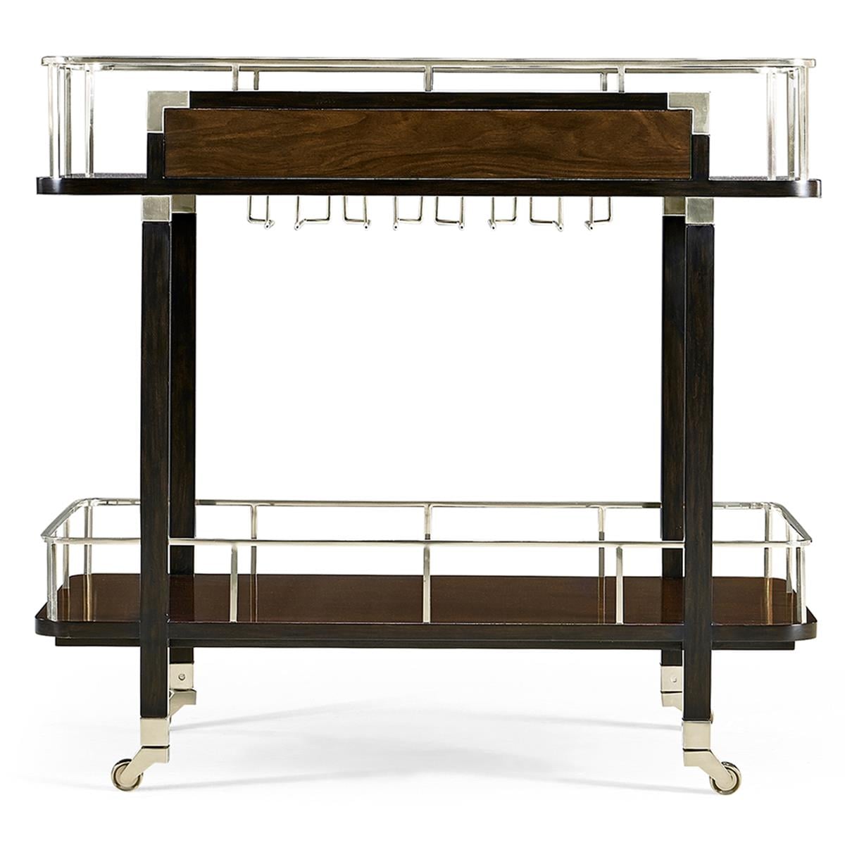 Rectangular Campaign Style Dark Santos Rosewood Rolling Bar Cart with Drawer