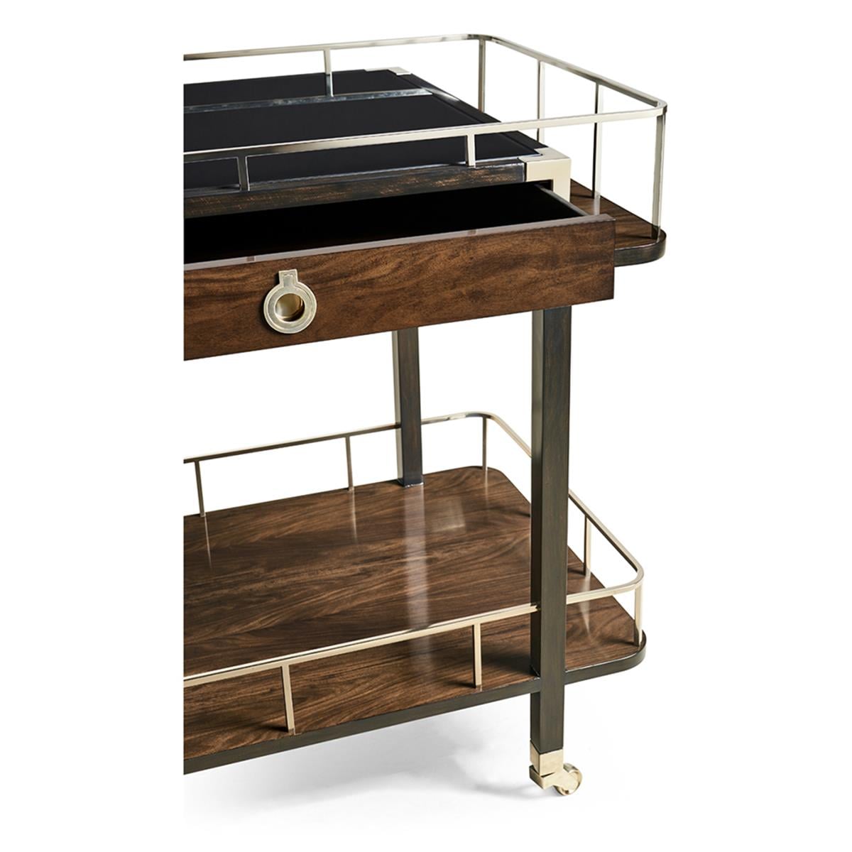 Rectangular Campaign Style Dark Santos Rosewood Rolling Bar Cart with Drawer